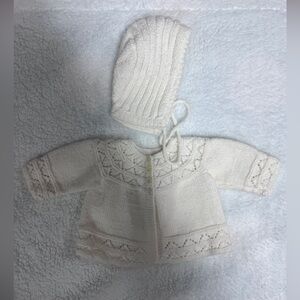 White Knit Baby Sweater with Bonnet